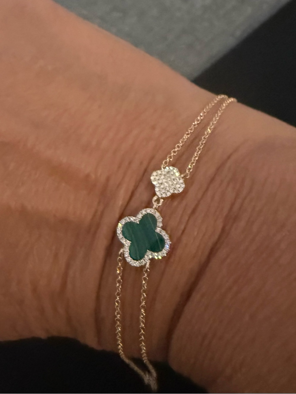 Malachite Diamond double Clover 14k Gold Bracelet, natural diamonds,